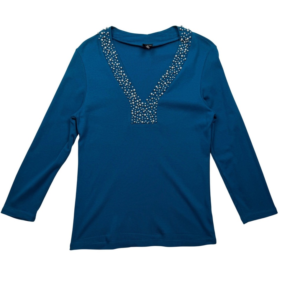 Rafaella Teal Blue Beaded V Neck 3/4 Sleeve Cotton Top M
